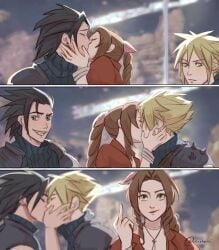 1girls 2boys aerith_gainsborough bisexual blonde_hair cloud_strife female final_fantasy final_fantasy_vii final_fantasy_vii_remake flipping_off flipping_viewer_off green_eyes kissing making_out male male/female meme middle_finger polyamory spiky_hair threesome zack_fair