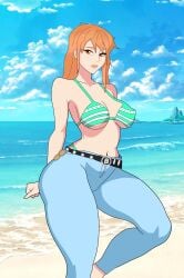 bikini bikini_top breasts breasts breasts brown_eyes clothed clothing ginger ginger_hair nami nami_(one_piece) one_piece orange_hair sexy