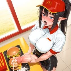 ai_generated big_ass big_breasts black_hair black_lipstick black_skirt blue_eyes blush blush cap cum cum_on_food cumming elf elf_ears elf_female eogard_orc fetish food food_play futa_only futa_sans_pussy futanari goth goth_girl hamburger hands_on_penis high_ponytail huge_cock mcdonald's orgasm orgasm_face original_character penis_out pubic_hair restaurant self_upload stable_diffusion worker