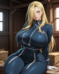 1girl 2d ai_generated anime_style blonde_hair blue_corset blue_eyes cleavage corset_lacing curvy detailed_eyes detailed_face dirndl frills grippyai hand_behind_head high_quality huge_breasts indoors lace long_hair looking_at_viewer red_skirt seductive_smile shiny_skin smile solo standing thick_thighs white_apron white_blouse wide_hips window wooden_room
