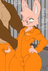 2boys bear before_anal before_rape before_sex big_dom_small_sub brown_fur bulge bulge_through_clothing cellmates ear_piercing eyebrow_piercing femboy furry gay green_eyes hand_on_penis imminent_anal imminent_rape imminent_sex lagomorph muscular necklace nervous orange_clothing pink_fur prisoner rabbit shirtless sweat thick_thighs tight_clothing unknown_artist