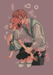 1boy 1girls alternate_costume ambiguous_penetration blue_eyes blush bra breast_grab breasts_out breath brown_hair bun_cover double_bun female from_behind gintama kagura_(gintama) male no_visible_genitalia okita_sougo orange_hair pants_down pleated_skirt profile side_view small_breasts striped_legwear striped_thighhighs tears thighhighs wrist_grab yy_yyx