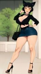 1girls ai_generated big_ass black_hair black_shirt blackroga clothed denim_skirt high_heels kali_belladonna milf purse rwby solo thick_thighs voluptuous yellow_eyes