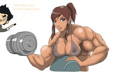 1boy 1girls avatar_legends bra dark-skinned_female dark_skin english_text female korra kyptova large_breasts mako male muscular muscular_female straight_hair suzuka_(edit) text the_avatar the_legend_of_korra water_tribe weightlifting