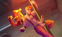blush_blush firefighter hard_cock logan_(blush_blush) orange orange_eyes orange_hair pole pubic_hair shirtless_male smile