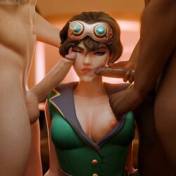 1girls 2boys 3d alternate_costume blizzard_entertainment breasts cum cum_on_face erection female goggles male miku3d mmf_threesome nipples overwatch penis penis_in_face threesome widowmaker