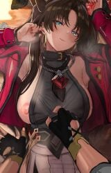 amulet before_sex black_hair blue_eyes caelus_(honkai:_star_rail) fate/stay_night fate_(series) honkai:_star_rail honkai_(series) medium_breasts necklace tohsaka_rin tohsaka_rin_(honkai:_star_rail)