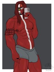 1boy abs acrux_(polarisinhostar) alternate_version_available big_penis cellphone countryhumans countryhumans_oc erection erection_under_clothes facial_hair foreskin grey_background highres leaking leaking_precum long_hair male male_only markings mirror_selfie muscular muscular_male pecs penis penis_out phone polarisinhostar red_body red_hair red_penis red_skin selfie semi-erect solo solo_male thick_penis white_eyes