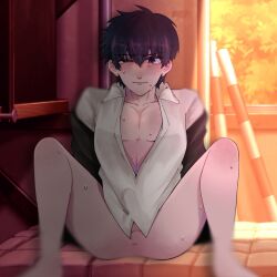 anus balls black_hair blue_eyes blush bottomless bulge class_3-z crying embarrassed erection_under_clothes gintama hijikata_toshiro hzkttusru male male_only official_alternate_costume one_eye_closed open_shirt partially_undressed school_uniform sitting sofa solo spread_legs tears