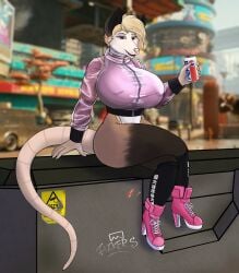 anthro big_breasts breasts city city_background cityscape clothing cracky cyberpunk cyberpunk_2077 daytime devildjmachine drinking female furry high_heels_sneakers night_city nightcity pepsi possum presumably_bottomless sitting sneakers soda tagme