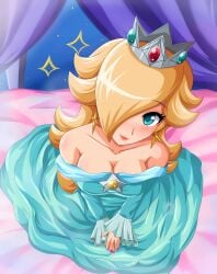 1girls 2d_(artwork) bare_shoulders bedroom_eyes big_breasts blonde_female blonde_hair blue_dress blush blushing_at_viewer breasts crown dress female female_only fully_clothed hands looking_at_viewer looking_up mario_(series) nintendo princess princess_rosalina royalty shoulders sigurdhosenfeld solo upscaled wanting_sex