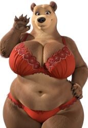 ai_generated anthro bear belly big_breasts black_nose bottom_heavy bra brown_eyes brown_fur chubby claws fat female female_only front_view furry grizzly half_body hand_on_hip happy_expression huge_breast huge_breasts hyper_breasts lady_bear_(masha_and_the_bear) large_breasts looking_at_viewer masha_and_the_bear massive_thighs overweight panties paws red_bra red_panties simple_background smile solo standing underwear wide_hips