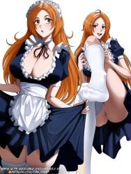 bare_thighs big_ass big_breasts bleach blush brown_eyes cleavage feet feet_up inner_thighs inoue_orihime long_hair long_legs maid maid_apron maid_dress maid_headdress maid_outfit maid_uniform opalisart panties skirt slim_waist tagme tall_female teenager thick_thighs thigh_socks thighhighs under_skirt