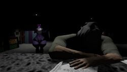 asleep back_room big_ass bubble_ass bubble_butt bulge femboy fnaf half_shirt imminent_death looking_at_another looking_at_viewer male male_only mishuyuu penis_bulge ponytail purple_body purple_guy_(fnaf) purple_hair security_guard sfm shortstack source_filmmaker thick_ass thick_thighs thong_panties william_afton