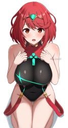 bare_shoulders black_one-piece_bikini chest_jewel collarbone commentary_request covered_navel female highres large_breasts looking_at_viewer one-piece_bikini pyra pyra_(pro_swimmer)_(xenoblade) red_eyes red_hair short_hair simple_background sitting solo surippa1010 swimsuit thighs wariza white_background xenoblade_(series) xenoblade_chronicles_2