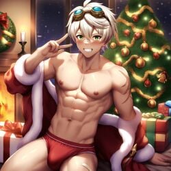 1boy abs ai_generated bennett_(genshin_impact) bulge bulge_through_clothing christmas christmas_tree genshin_impact green_eyes male male_focus male_only muscles muscular muscular_male peace_sign shirtless shirtless_male solo solo_male speedo toned toned_body toned_male toned_stomach topless underwear