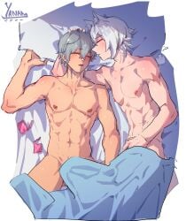 2boys bed bed_sheet gay muscular muscular_male naked seth_lowell used_condom wise_(zenless_zone_zero) yanayaa_a yaoi zenless_zone_zero