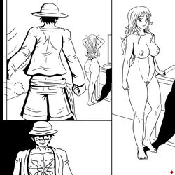 black_and_white black_hair breasts clothes female gojiramon hair hat human male monkey_d_luffy monochrome nami nami_(one_piece) nipples nude one_piece post-timeskip straw_hat tagme