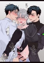 3boys alien_stage bar_censor black_coat black_hair black_pants black_shirt blur_censor blush boy_sandwich censored censored_penis coat dual_persona ear_piercing earrings gay grey_choker grey_hair heart heavy_breathing ivan_(alien_stage) japanese_text male_only neck_tattoo open_mouth penis sandwiched till_(alien_stage) translation_request turtleneck_shirt white_coat yaoi