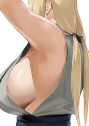 1girls armpits arms_up breast_focus breasts breasts_bigger_than_head facing_away from_side head_out_of_frame highres large_breasts long_hair low_twintails milf naruto naruto_(series) naruto_shippuden neige_(pixiv6850453) no_bra no_bra_under_clothes sagging_breasts shirt sideboob simple_background sleeveless sleeveless_shirt sweat top_heavy top_heavy_breasts tsunade twintails upper_body voluptuous voluptuous_female white_background