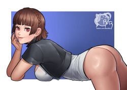 1girls artist_logo artist_name ass bottomless braided_hair brown_eyes brown_hair female female_only jacket large_ass looking_at_viewer looking_back makoto_niijima offering partially_clothed partially_nude persona persona_5 persona_5_scramble:_the_phantom_strikers presenting_hindquarters razillon red_eyes shirt short_hair simple_background smile solo solo_female thighs