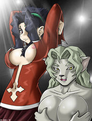 2012 2girls anthro black_hair breasts elma_(tenchi_muyo!) female female_only fur furry humanoid large_breasts long_hair nipples pale-skinned_female pale_skin red_eyes ryoko_balta sseanboy23 tenchi_muyo! tenchi_muyo!_gxp uncensored wide_hips yellow_eyes