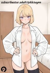 ai_generated bangs bed black_thighhighs blonde_hair blush breasts cha_hae_in closed_mouth collarbone collared_shirt cowboy_shot female hands_on_hips indoors long_sleeves looking_at_viewer naked_shirt navel no_bra open_clothes open_shirt pikkiwynn purple_eyes pussy shirt short_hair solo solo_leveling standing thighhighs uncensored white_shirt