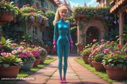 1girls ai_generated arms_at_sides artist_name barbara_millicent_roberts barbie_(franchise) blonde_hair blue_bodysuit blue_clothing blue_eyes blue_rubber bodysuit breasts building day disney flower full_body garden gloves grass hi_res high_ponytail lips long_hair looking_at_viewer medium_breasts mole outdoors patreon_username pink_flower pink_footwear pink_gloves pixar plant ponytail potted_plant progenarts purple_flower rubber rubber_clothing rubber_gloves rubber_suit shiny_clothes skin_tight sky smile solo standing toy_story toy_story_2 turtleneck watermark web_address zero_suit