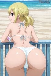 ai_generated ass_focus beach bertox64 big_ass blonde_hair booty brown_eyes fairy_tail lucy_heartfilia seductive smile thong_bikini twintails white_bikini