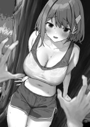 1girls 1other 2023 absurd_res against_tree baffu blush breasts cleavage clothing dolphin_shorts dubious_consent eyebrows_visible_through_hair female female_focus grass greyscale hair_ornament highres hitoyo_(baffu) imminent_breast_grab large_breasts leaning_back looking_at_viewer midriff monochrome navel open_mouth original outdoors pov pov_hands short_shorts shorts smile solo_focus sports_bra standing sweat thighs tree wet wet_clothes