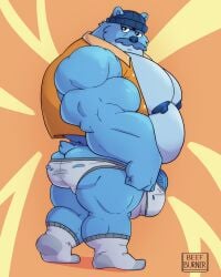 anthro ass balls bara bear beefburner big_balls big_penis bulge flaccid furry hat male male_only muscles muscular overweight pantsless penis ripped_clothing socks solo solo_male underwear ursid