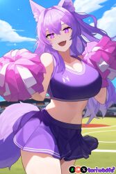 1girls :d ai_generated breasts cheerleader curvy cute dog_ears dog_girl doggirl female female_only happy highres hips huge_breasts kemonomimi light_skin light_skinned_female long_hair outdoors patreon_username petgirl pom_poms public purple_ears purple_eyes purple_hair purple_tail skirt sports_bra standing teeth thick_thighs thighs tori toriwoofs watermark wide_hips wolf_ears