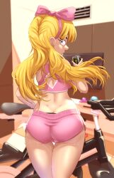 1girls ass big_ass big_butt blonde_hair blue_eyes bow cartoon cjhomics female female_only helga_pataki hey_arnold! long_hair looking_at_viewer looking_back nickelodeon panties pink_bow post_workout solo solo_female sports_bra sweat sweating sweaty_back sweaty_body sweaty_legs