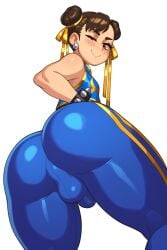 1boy 1femboy ai_generated ass ass_focus bare_shoulders blush bracelet brown_eyes brown_hair brunette bubble_ass bubble_butt bulge bulge_through_clothing chun-li closed_mouth clothed clothing copernicus double_bun earrings femboy femboy_focus femboy_only from_behind fully_clothed genderswap genderswap_(ftm) hair_bun looking_at_viewer looking_back male male_focus male_only one_eye_closed otoko_no_ko penis penis_under_clothes rizdraws_(ai_style) rule_63 smile solo solo_femboy solo_focus solo_male spiked_bracelet street_fighter street_fighter_alpha tight_clothing wink winking_at_viewer