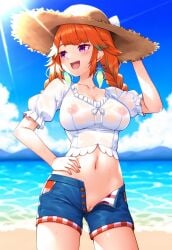 1girls :d ai_generated beach blue_shorts blush breasts casual_exposure crop_top curvy denim denim_shorts exhibitionism exhibitionist exposed_pussy female female_only half-closed_eyes hand_on_head hand_on_hip high_resolution highres hololive hololive_english hunterai medium_breasts midriff navel nipples nipples_visible_through_clothing no_bra no_bra_under_clothes no_panties no_panties_under_shorts no_pubic_hair official_alternate_costume open_fly open_mouth orange_hair outdoors portrait puffy_short_sleeves puffy_sleeves purple_eyes pussy pussy_peek see-through see-through_clothing see-through_top shaved_crotch shaved_pussy shiny_skin short_shorts short_sleeves shorts smile solo stomach sun_hat sunhat tagme takanashi_kiara takanashi_kiara_(2nd_costume) transparent_clothing unbuttoned unbuttoned_pants unbuttoned_shorts unzipped unzipped_pants unzipped_shorts virtual_youtuber wet_body wet_clothes wet_shirt wet_skin white_shirt