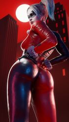 1girls 3d ass batman:_arkham_knight batman_(series) big_ass blonde_hair clothed dat_ass dc dc_comics domino_mask dyed_hair facepaint female fugtrup harley_quinn harley_quinn_(classic) harley_quinn_(injustice) hi_res injustice_2 lipstick looking_at_viewer looking_back skin_tight solo twintails