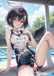 ai_generated black_hair cum cum_in_pussy cum_in_swimsuit halo pool red_eyes short_hair smile spread_legs swimsuit wings