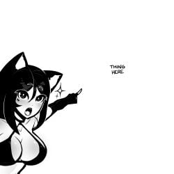 1girls 2024 animal_ears bikini black_bikini black_eyes black_hair blush breasts cat_ears catgirl cleavage english_text facial_markings fingerless_gloves gloves looking_at_viewer meme meme_template open_mouth original pointing sparkles tagme tekona text