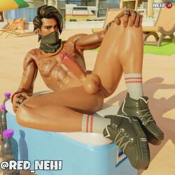 1boy 3d anus ass beach cooler fortnite lying male_focus male_only masculine outdoors penis presenting raz_(fortnite) red_nehi riptide_raz shoes skinny socks solo tattoo