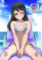 1girls alternate_hairstyle alternate_version_available beach bikini breasts female female_only gegege_no_kitarou human legs_spread long_hair looking_at_viewer momoyama_miyabi paid_reward_available smile tagme wink winking_at_viewer