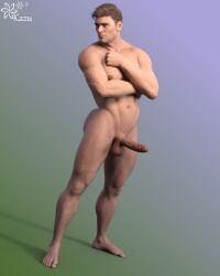 1boy 1human 3d 3d_(artwork) 3d_model bara bara_tiddies bara_tits blonde_hair blue_eyes erect_penis erection hard_on kazuworks male male_focus male_only manly masculine muscles muscular muscular_male naked naked_male nude nude_male oc original original_character pink_nipples solo solo_focus solo_male