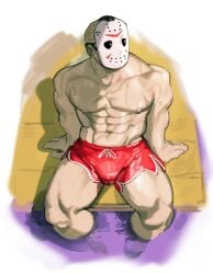 1boy bara barazoku booty_shorts bulge clothing flaccid friday_the_13th gay hockey_mask jason_voorhees kogito male male_focus male_nipples male_only manly mask masked masked_male muscular_male nipples penis_outline short short_shorts shorts solo solo_male yaoi