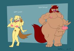 absurd_res anthro blonde_hair canid canine canis dirtymac domestic_cat domestic_dog felid feline felis female fur hair hi_res mac-daddy male mammal red_hair rule_63 tan_body tan_fur yellow_body yellow_fur