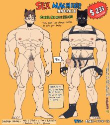 1boy abs android animal_ears arm_strap bara brown_hair cat_boy cat_ears cat_tail chest_harness cx-330_(ten_g89) english_text erection fingerless_gloves full_body glasses gloves half-erect harness highres large_pectorals male_focus male_only male_pubic_hair mask mask_on_head multiple_views muscular muscular_male nipples original pectorals pubic_hair short_hair simple_background tail ten_g89 tenji_(ten_g89) thick_eyebrows thigh_strap toeless_footwear yellow_background