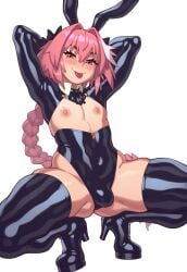 1boy ai_generated arms_behind_head arms_up astolfo_(fate) blush braided_ponytail bulge bulge_through_clothing bunny_ears copernicus erection_under_clothes fake_animal_ears fate/grand_order fate_(series) femboy femboy_only high_heel_boots high_heels latex latex_boots latex_clothing long_hair looking_at_viewer male male_only nipples otoko_no_ko pink_hair purple_eyes rizdraws_(ai_style) solo solo_male squatting thick_thighs thigh_boots tongue tongue_out trap white_background