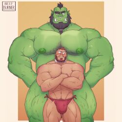 balls bara beard beefburner big_balls big_penis blush bulge crossed_arms facial_hair flaccid green_body green_skin human male male_only mateo_(beefburner) muscles muscular no_visible_genitalia nose_ring orc penis size_difference