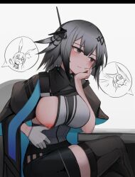 arknights breast_peek breasts embarrassed greythroat_(arknights) looking_away nipples periory