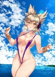 alternate_costume areola_slip arms_up bare_shoulders blonde_hair blue_sky blush breasts cloud cloudy_sky collarbone commentary_request earmuffs eyelashes female gold_bracelet hair_between_eyes island kurokan_(kokkyou_oudan) large_breasts looking_at_viewer navel nipple_slip nipples ocean one-piece_swimsuit open_mouth pointy_hair purple_one-piece_swimsuit ribs shiny_skin short_hair sidelocks sky slingshot_swimsuit solo standing stomach swimsuit thighs touhou toyosatomimi_no_miko water