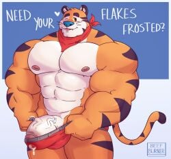 anthro balls bandana bandana_on_neck bara beefburner big_balls big_penis blush boner erection erection_under_clothes frosted_flakes furry male male_only muscles muscular one_eye_closed orange_fur penis precum precum_through_clothing solo solo_male striped_fur tiger tony_the_tiger