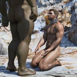 1human 1orc 3d 3d_(artwork) 3d_model bara bara_tiddies bara_tits bow_down broken_rape_victim duo duo_focus green_body green_skin kneeling kneeling_oral_position light-skinned_male light_brown_hair light_skin looking_up_at_another male/male male_focus masculine masculine_slave muscles muscular muscular_male naked naked_male nude nude_male oc orc orc_male original original_characters outdoors respectful slave_collar traumatized treated_as_an_equal wereorc_(artist)